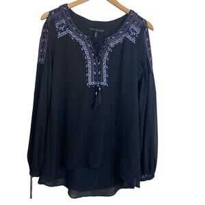 White House Black Market Black Embroidered Loose Fit Tunic Blouse NEW Size 4
